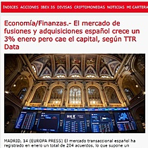 Economa/Finanzas.- El mercado de fusiones y adquisiciones espaol crece un 3% enero pero cae el capital, segn TTR Data